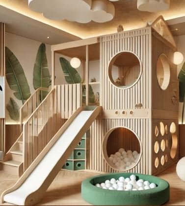 Indoor playhouse with a small slide, circular windows, and a ball pit filled with white balls, decorated with large green leaves and cloud-shaped ceiling lights.