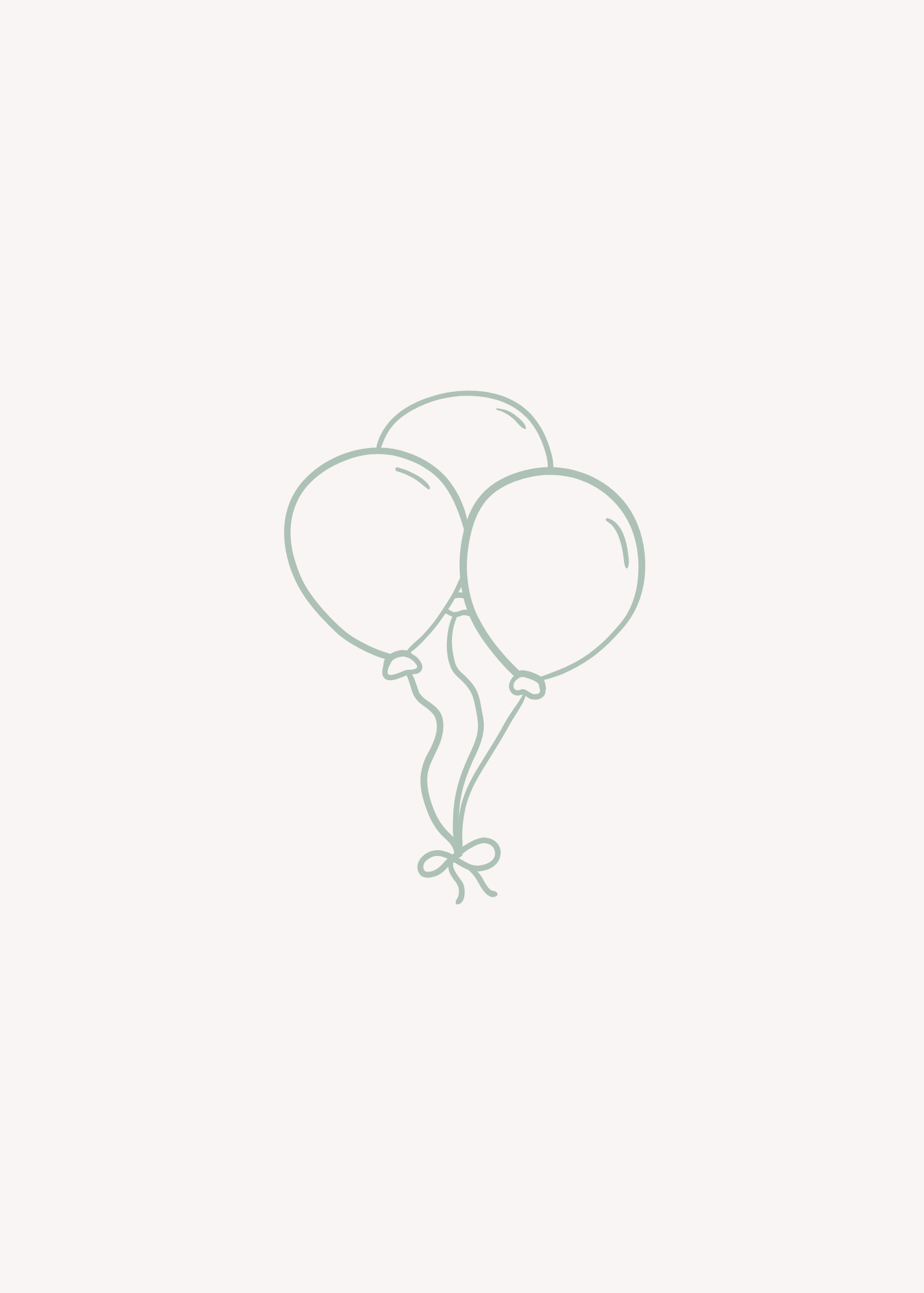 A simple line drawing of three balloons tied together with string and a bow at the bottom.