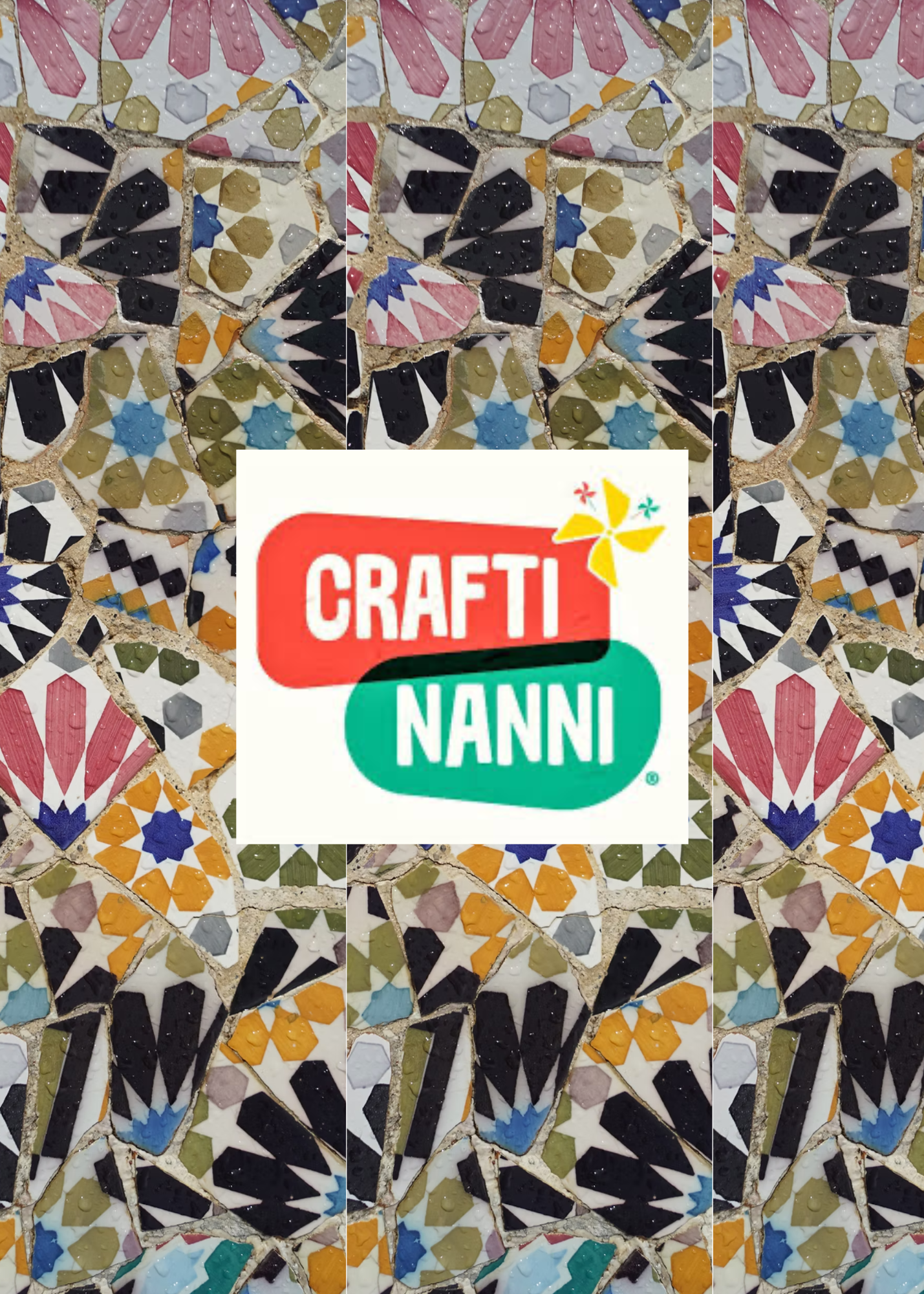 A mosaic wall made of broken tiles with various colors and patterns, featuring the Crafti Nanni logo in the center.