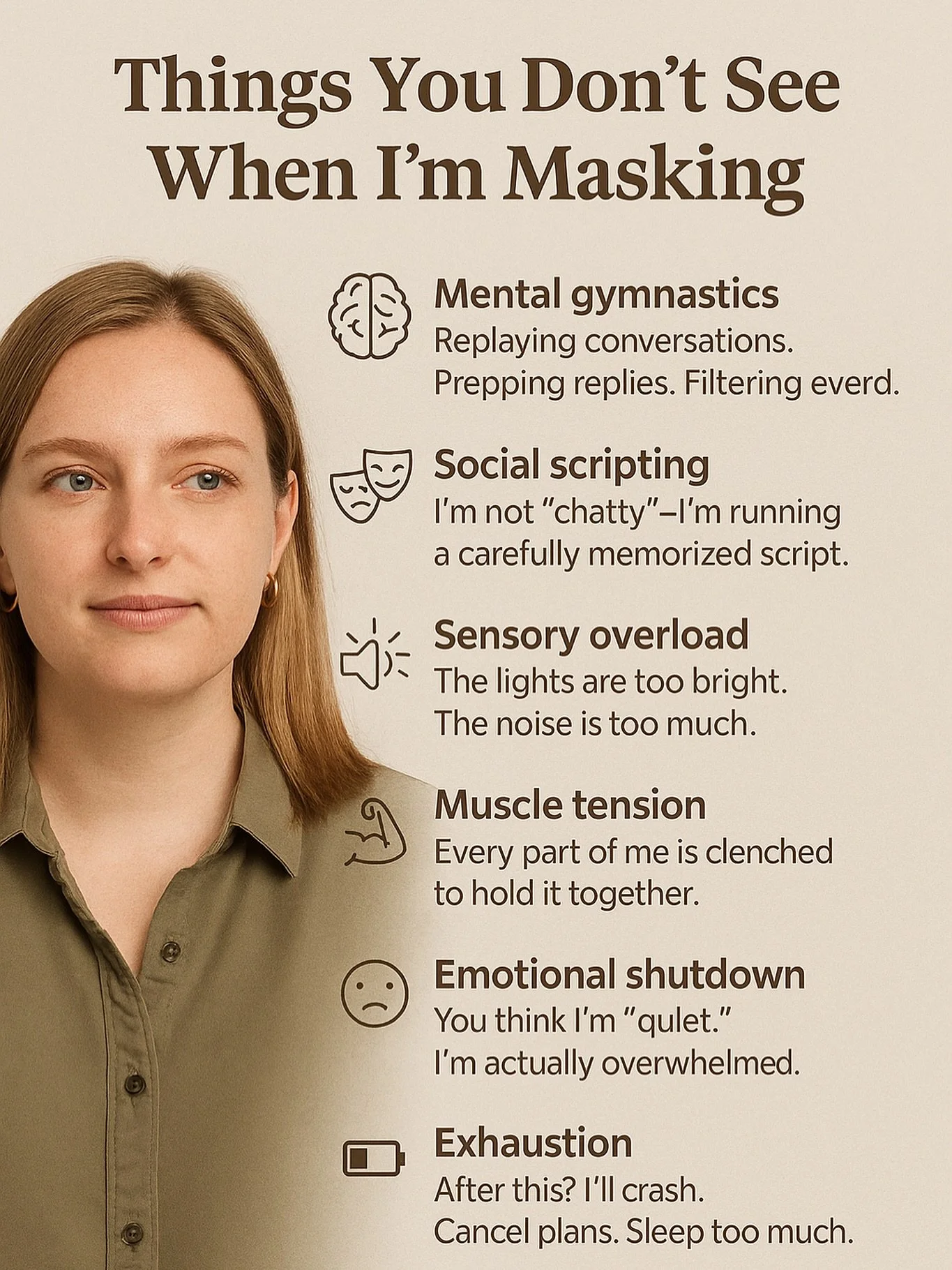 Things You Don&rsquo;t See When I&rsquo;m Masking 🎭
I look calm, capable, and &ldquo;fine&rdquo;&hellip; but here&rsquo;s what&rsquo;s actually happening under the surface:

🧠 Mental gymnastics
Replaying conversations. Prepping replies. Filtering e