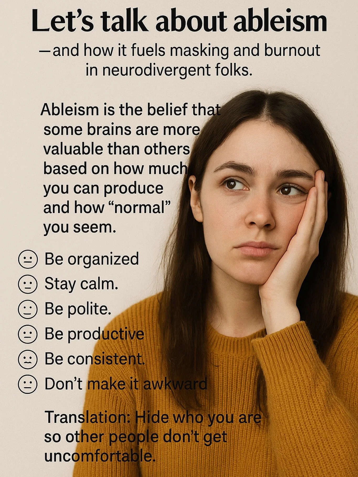 Let&rsquo;s talk about ableism (yes, even the &ldquo;nice&rdquo; kind).
Because it&rsquo;s not always loud and hateful &mdash; sometimes it&rsquo;s subtle, smiling, and disguised as &ldquo;helpful advice&rdquo;.

Ableism is the belief (conscious or n
