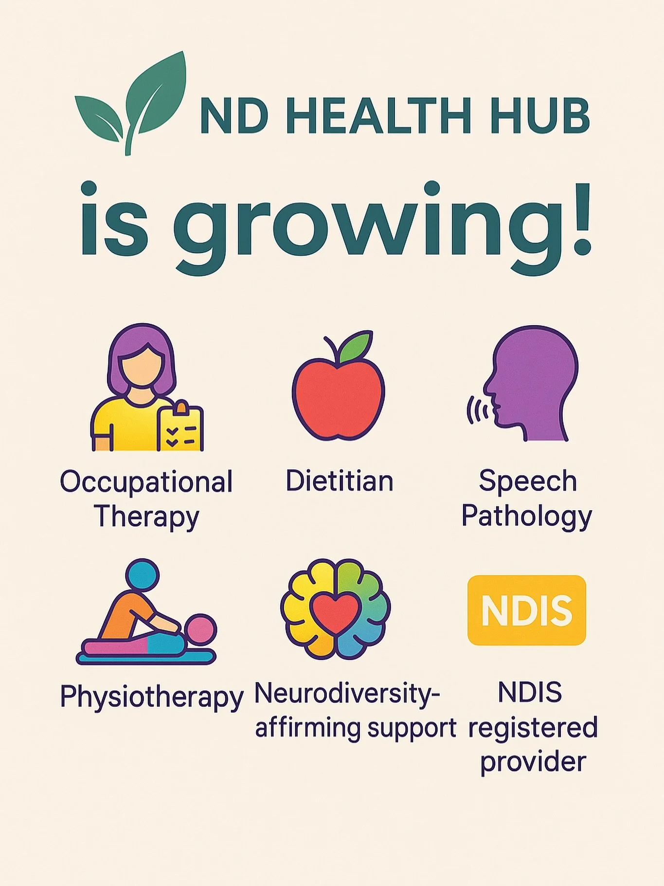 🌱 ND Health Hub is growing! 🌱

We&rsquo;re excited to share that our team has expanded &mdash; we now have an additional Occupational Therapist on board and are offering Dietitian services! 🥑✨

Alongside our existing Speech Pathology and Physiothe