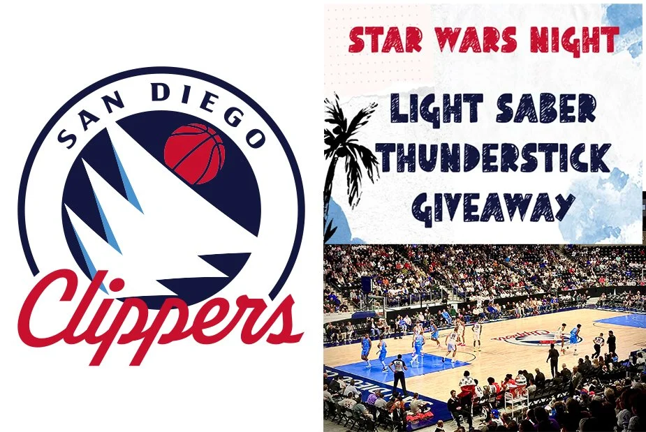 San Diego Clippers basketball team and a promotional poster for a 'Star Wars Night' light saber thunderstick giveaway event for Westwood Elementary School.