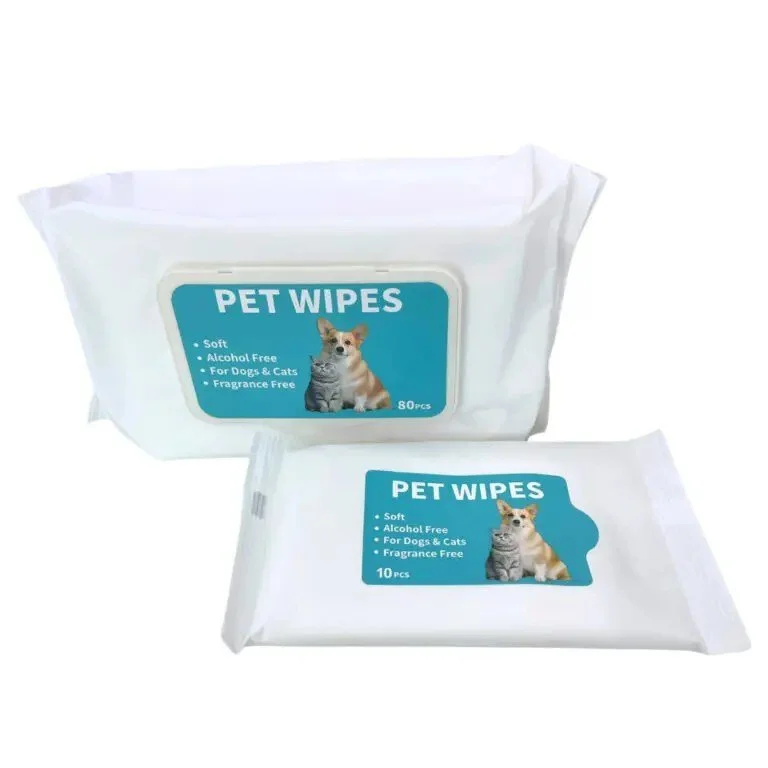 Packaged pet wipes with labels showing a cat and dog, one with 80 wipes and the other with 10 wipes, indicating they are soft, alcohol-free, fragrance-free, suitable for dogs and cats.