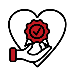 A black and red icon representing a verified or approved badge with a check mark inside a circle.
