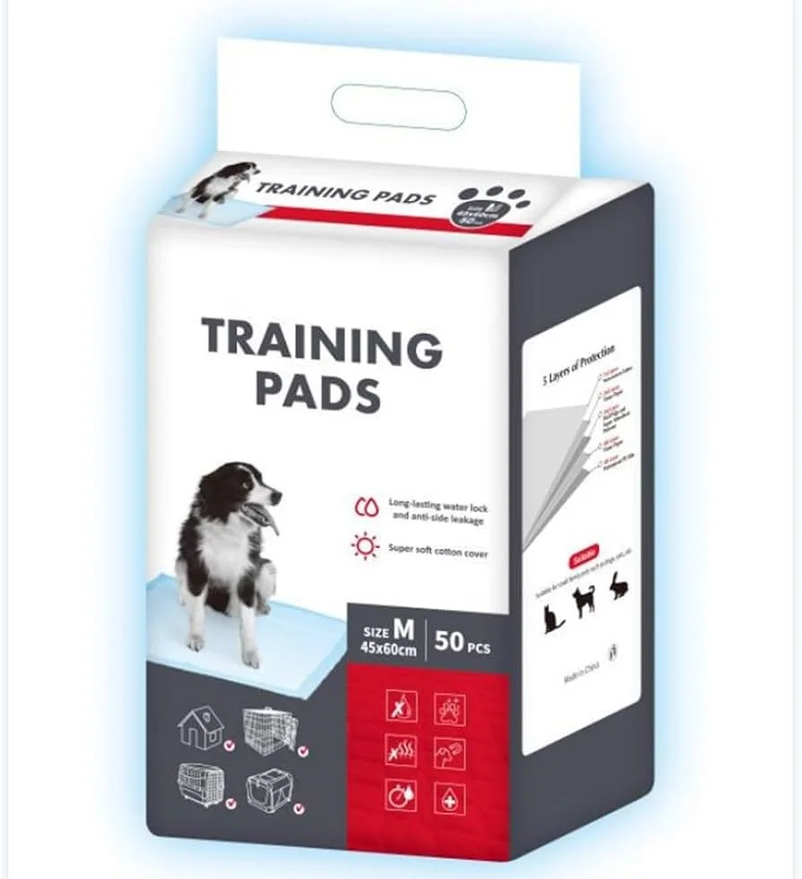 Box of training pads for dogs, size medium, 50 pieces, featuring features like waterproof lock, soft cotton cover, and suitability for various dog sizes.