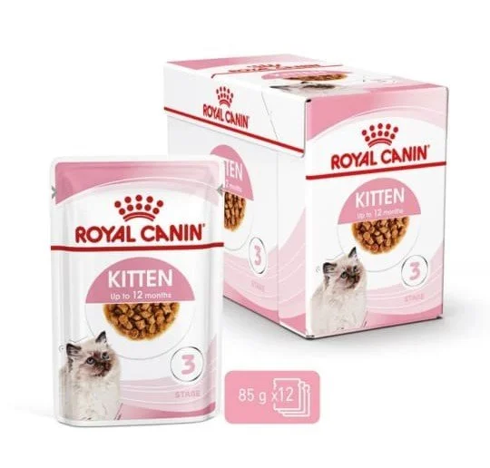 Royal Canin kitten wet cat food in a pink and white package and box, with an image of a kitten and food kibble.