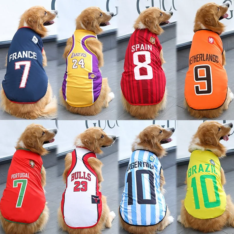 Eight Golden Retrievers wearing soccer jerseys of different countries and numbers, sitting on the floor facing sideways.