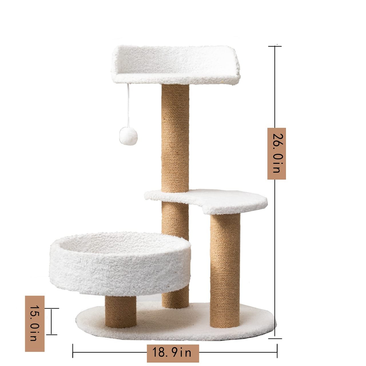 White and beige multi-level cat tree with platform and scratching posts, measuring 26 inches tall, 18.9 inches wide, with various perches and a hanging toy