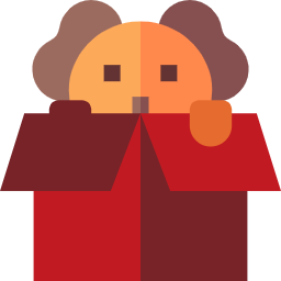 Cartoon character with brown curly hair, wearing a red coat and holding a mug.