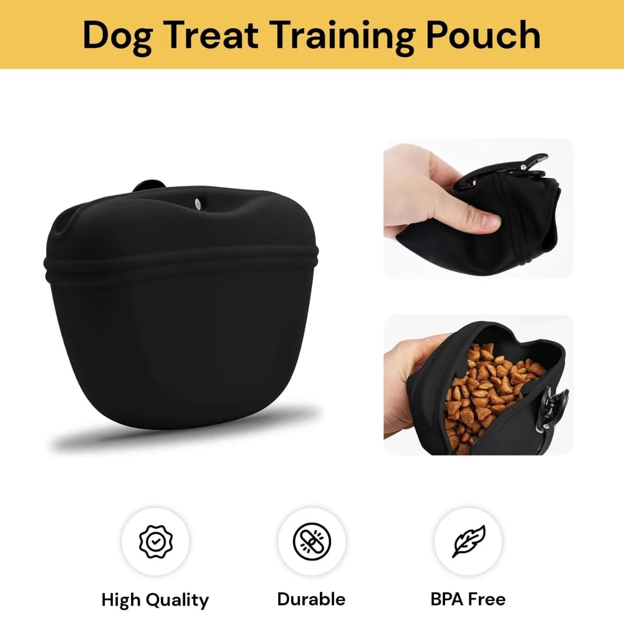 Black dog treat training pouch with a clip, shown filled with dog treats, labeled as high quality, durable, and BPA free.