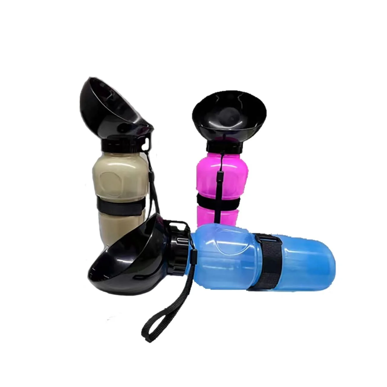 Three colored water bottles with black lids and matching black face masks resting on top, arranged on a white background.