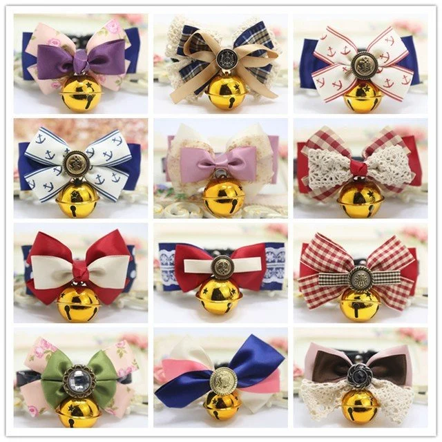 A collection of 12 decorative bows with gold bells, each featuring different colors and patterns, arranged in a grid.