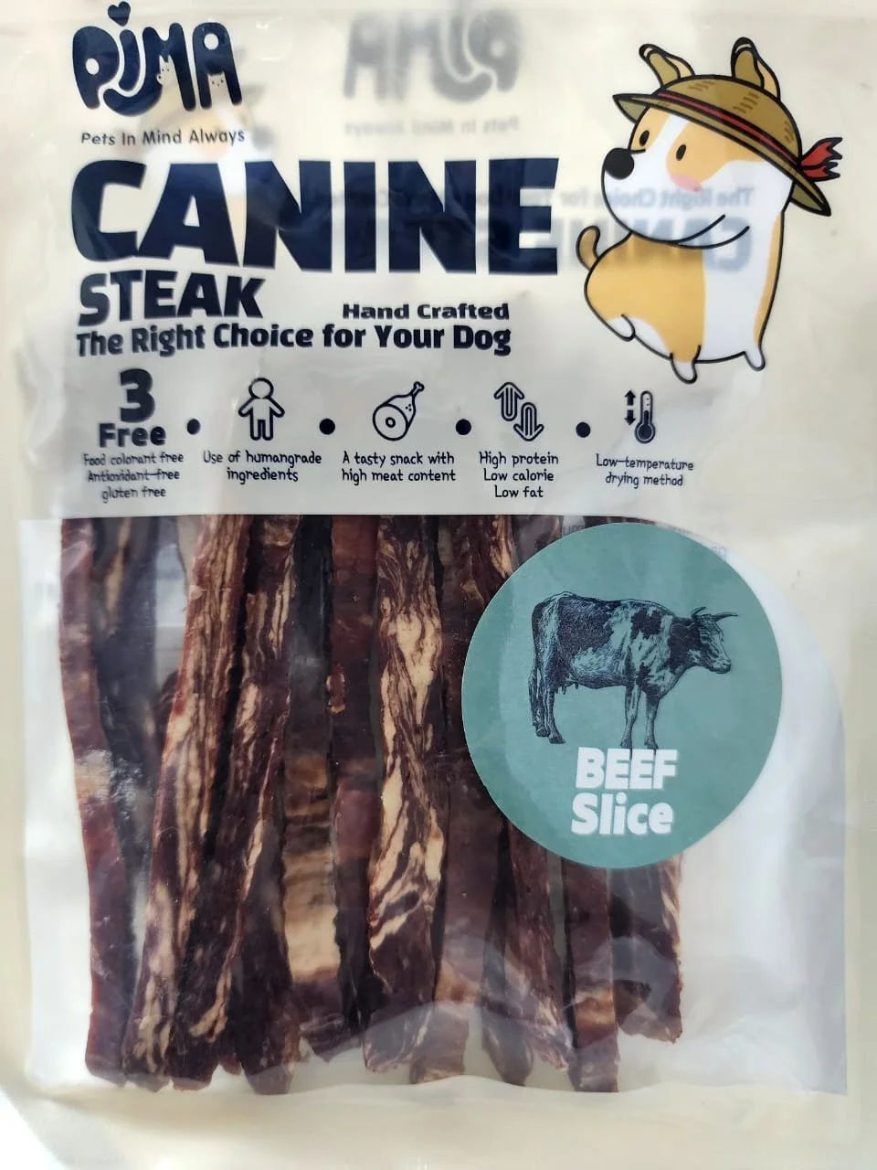 Package of beef dog treats labeled 'BEEF Slice' with an illustration of a dog wearing a hat on the top right corner.