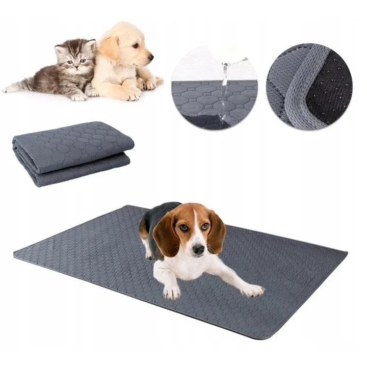 A pet training or grooming mat along with a puppy lying on it, a folded mat, and a cat with a close-up of the mat's water-resistant fabric.