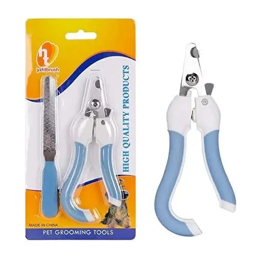 Pet grooming tools including a pair of nail clippers and a metal comb with a yellow, white, and blue packaging.