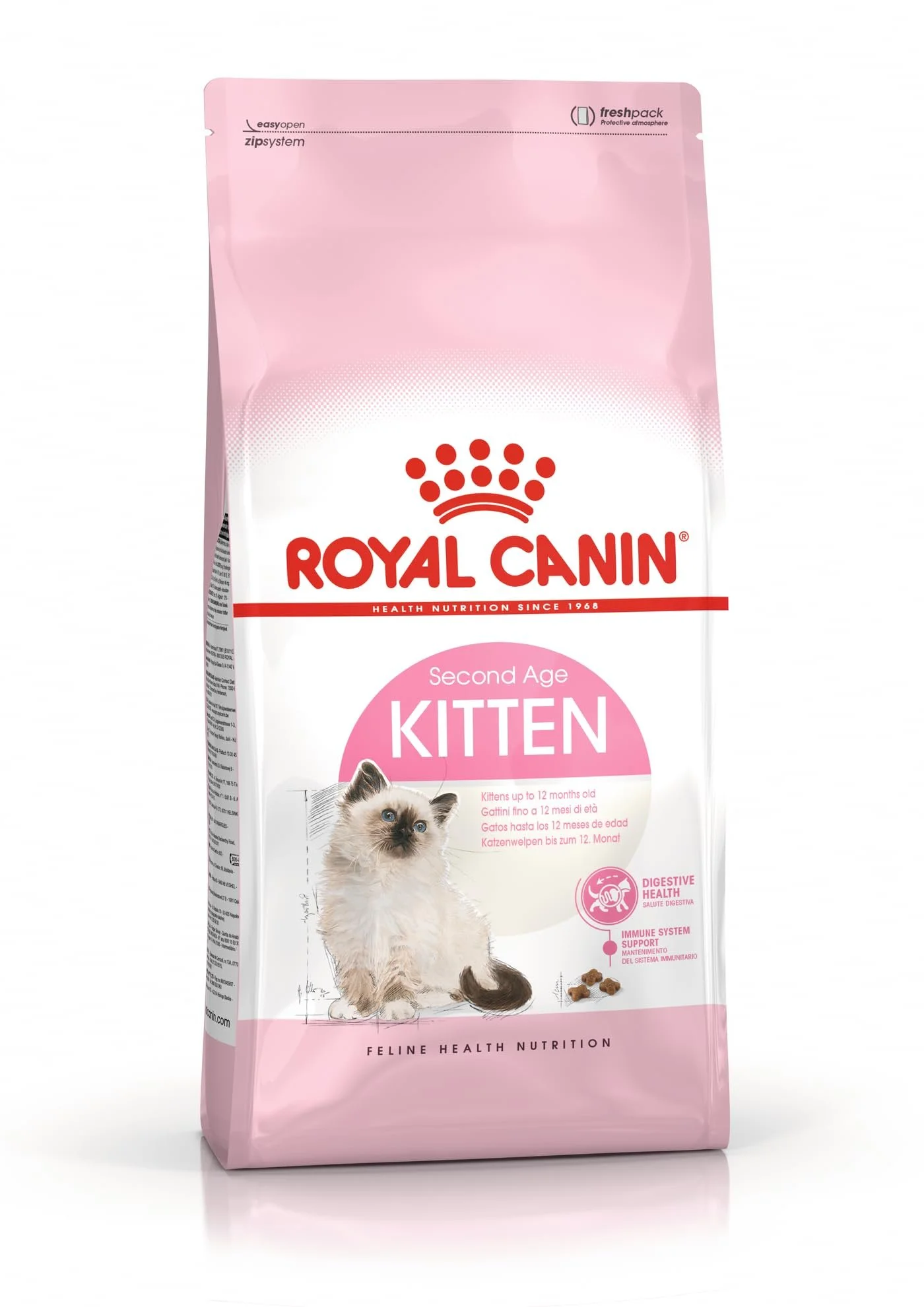 Pink and white bag of Royal Canin Second Age Kitten dry cat food with an illustration of a kitten