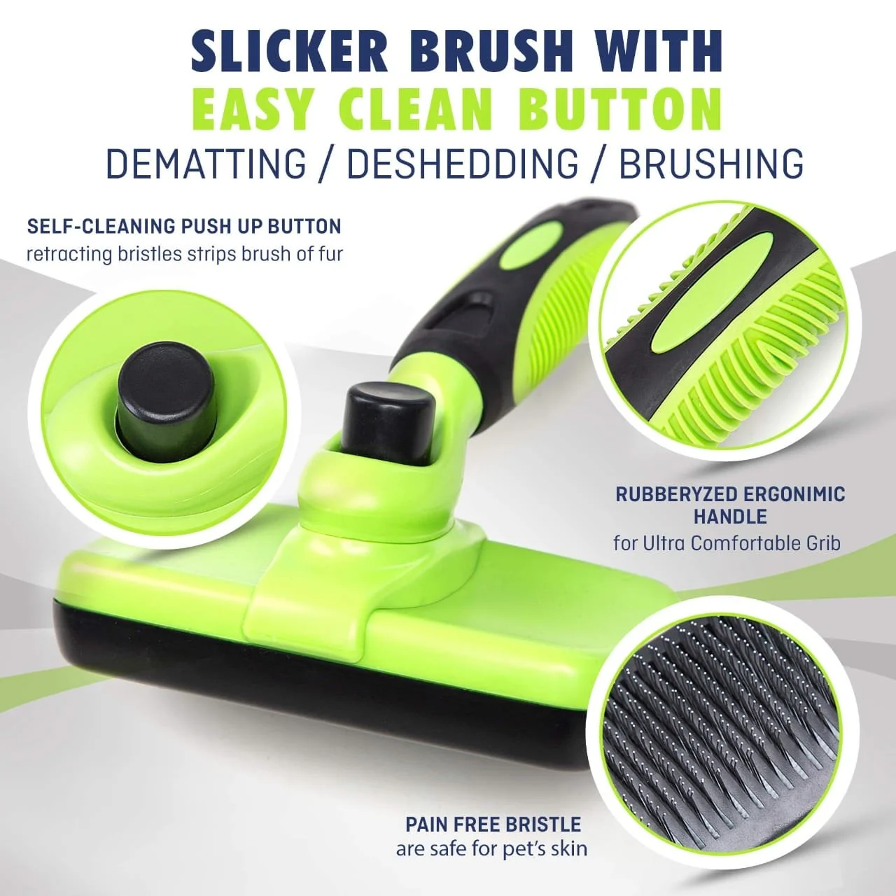 Close-up of a pet grooming slicker brush with a lime green and black handle, showing features like a self-cleaning push-up button, rubberized ergonomic grip, and a pain-free bristle surface.