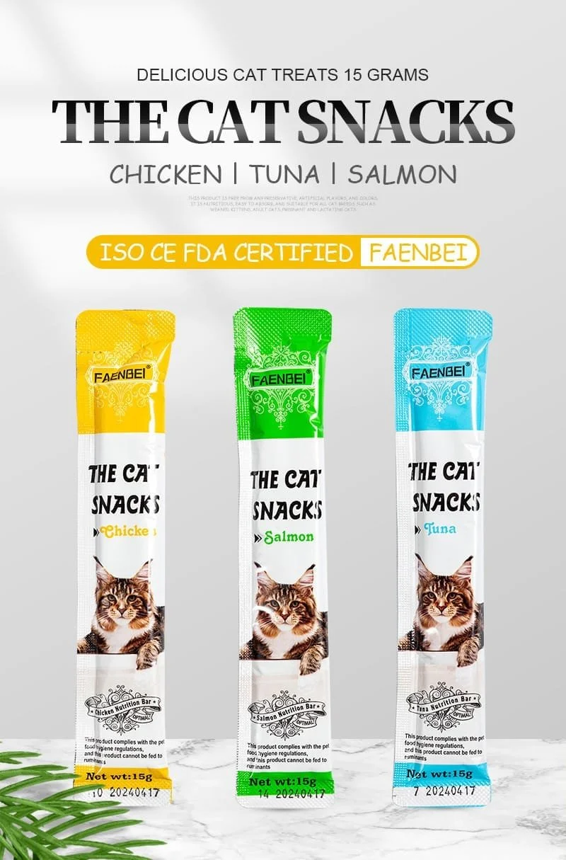 Three packages of cat treats in yellow, green, and blue, labeled chicken, salmon, and tuna flavor. Each package has a picture of a cat on it and the net weight is 15 grams.