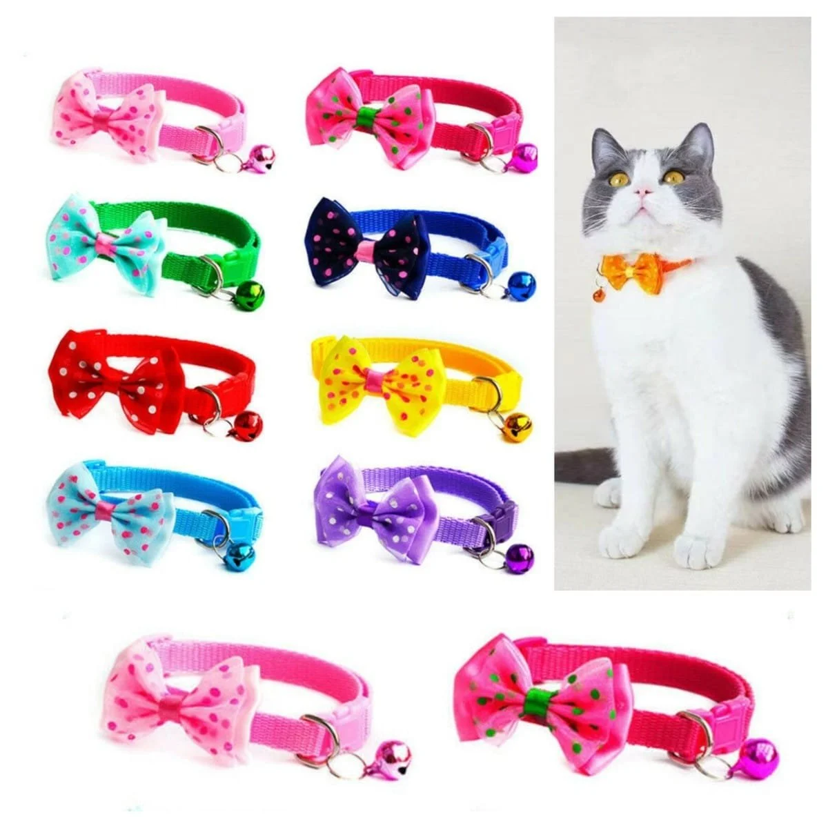 A collection of colorful polka dot cat collars with bows and bells, and a photo of a gray and white cat wearing an orange bow collar.