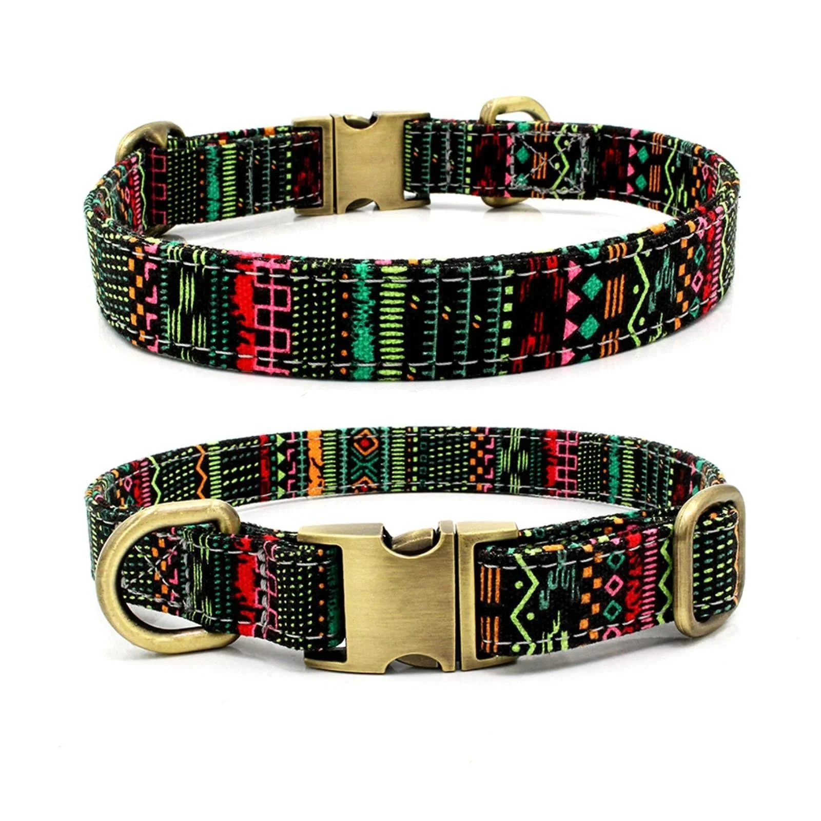 Two decorative dog collars with colorful geometric patterns and brass clasps.