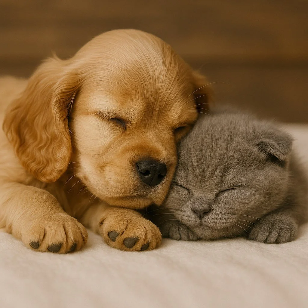 A golden retriever puppy and a gray kitten sleeping closely together with their heads touching.
