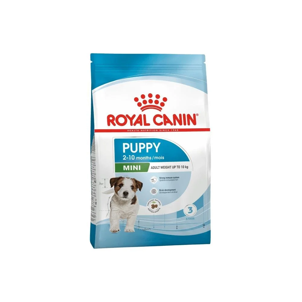 Bag of Royal Canin puppy dog food for small breeds, suitable for puppies aged 2 to 10 months, featuring an image of a small puppy on the front.