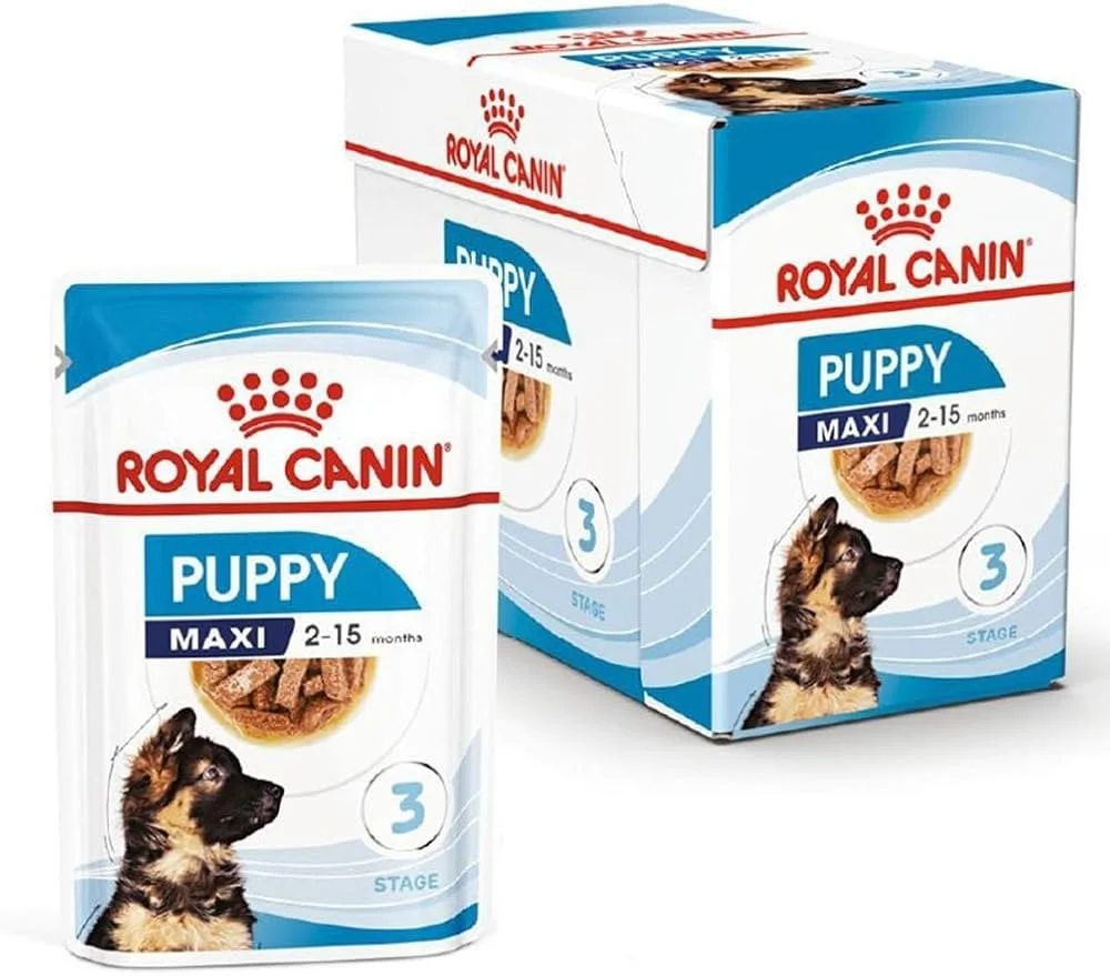 A package and a box of Royal Canin Puppy Maxi Stage 3 dog food for puppies aged 2 to 15 months, featuring a picture of a puppy and biscuits on the packaging.
