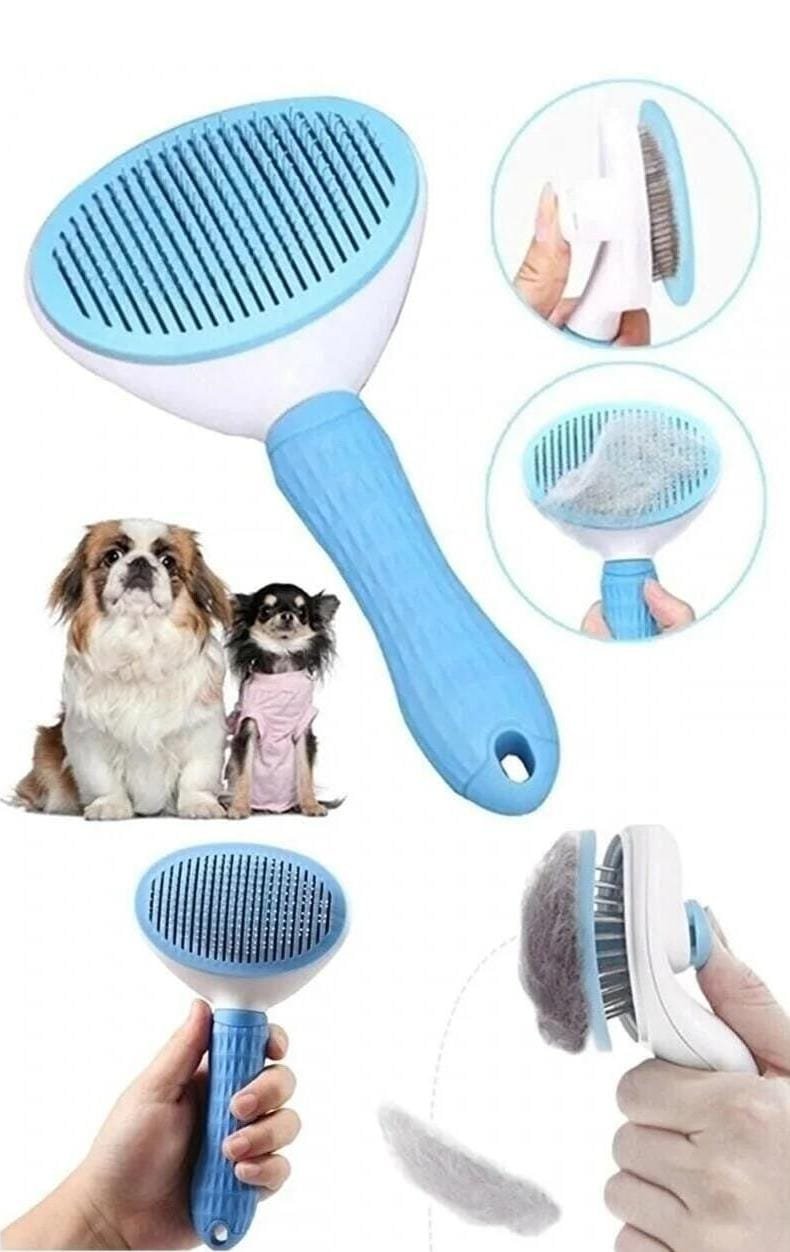 A pet grooming brush with a detachable comb, used for cleaning pet hair from the brush, with images of a dog and a cat.
