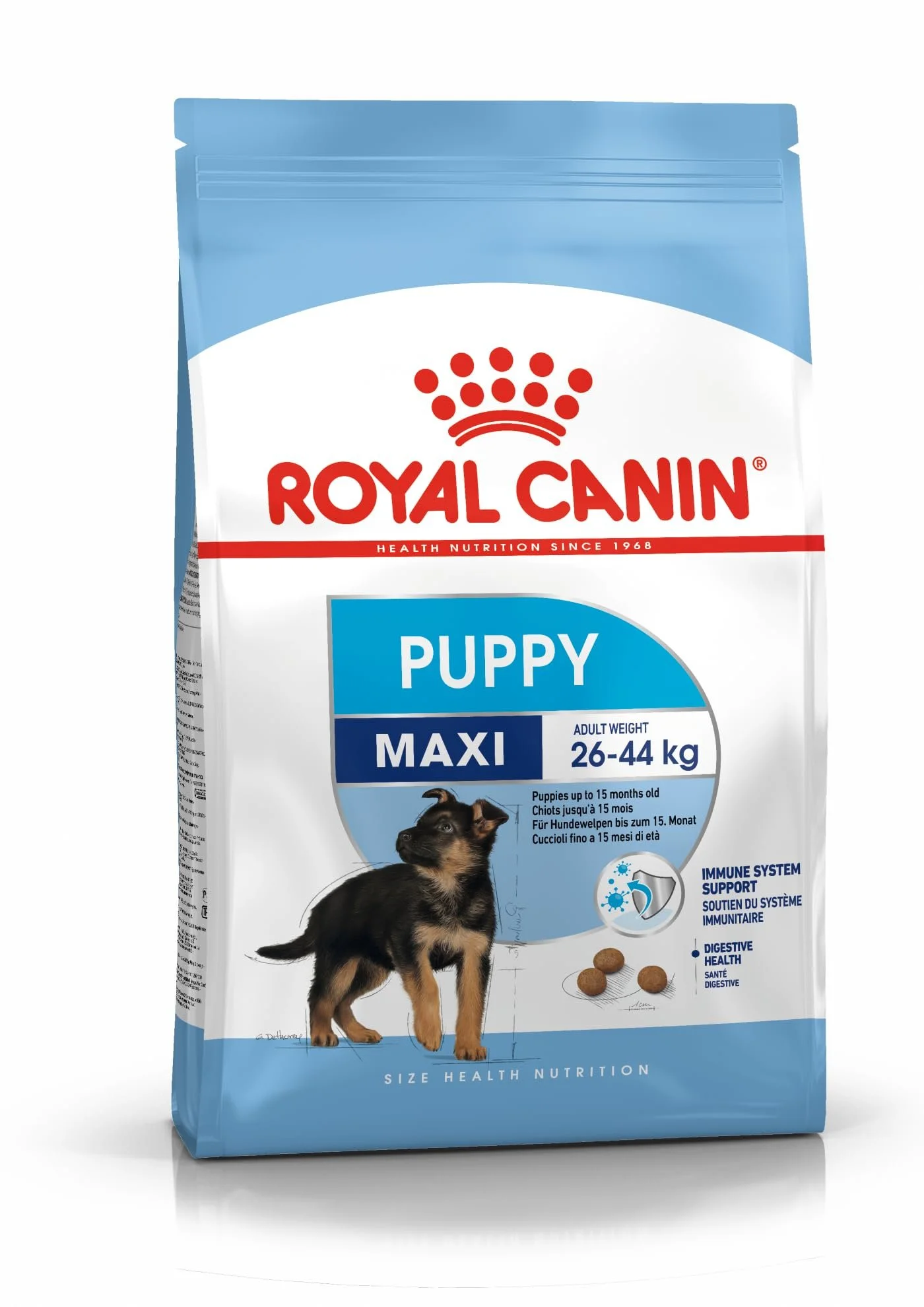 A bag of Royal Canin Maxi Puppy dog food for large breed puppies.