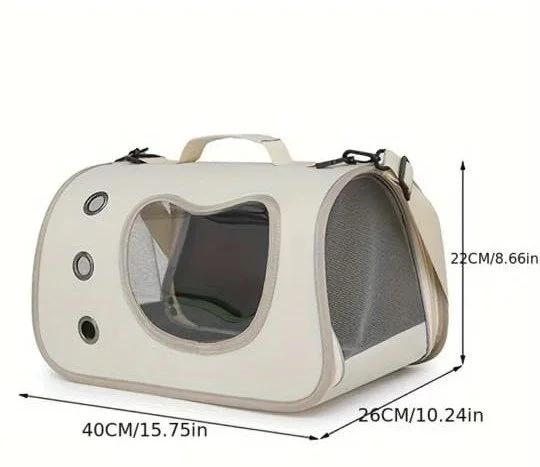 A portable pet carrier with mesh sides, a transparent window, and dimensions labeled as 40cm by 26cm by 22cm.