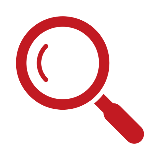 A red magnifying glass icon with a black handle.