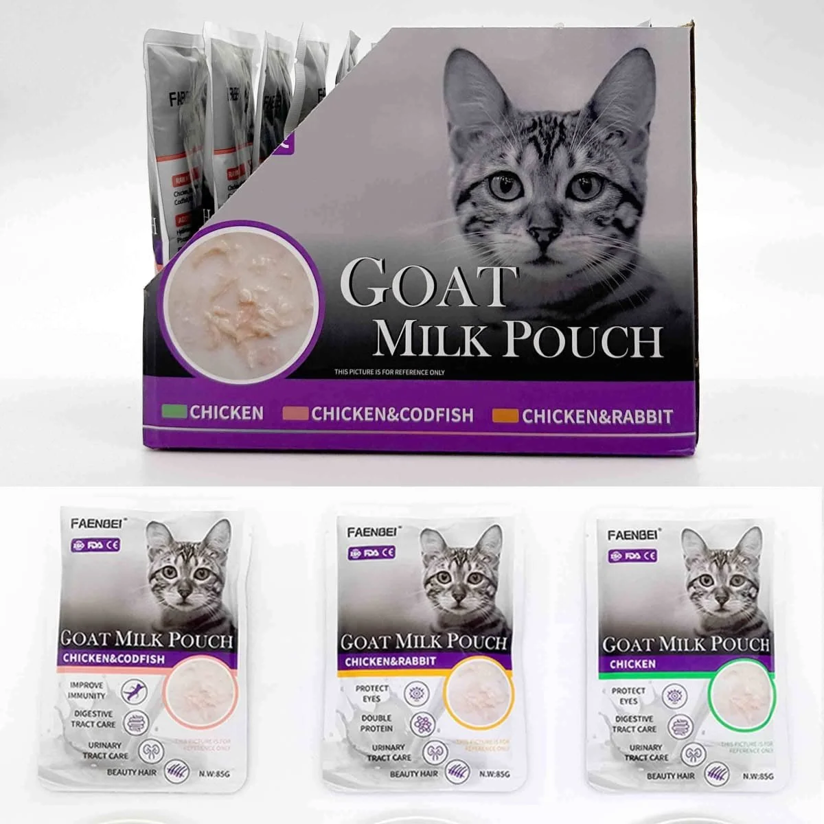 A box of goat milk cat treats featuring a gray tabby cat on the packaging, with three individual packages labeled chicken, chicken & codfish, and chicken & rabbit.