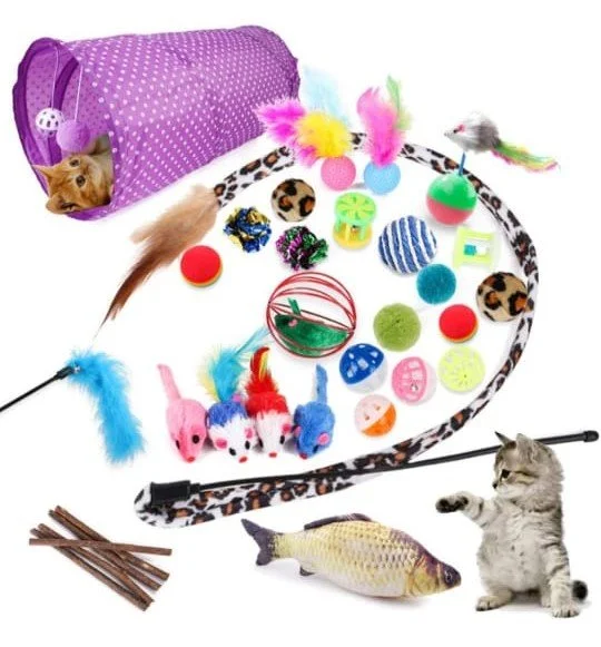 A collection of cat toys, including feathers, plush mice, balls, and scratching tools, with a cat tunnel, a fish toy, and a kitten playing with a toy laser pointer.