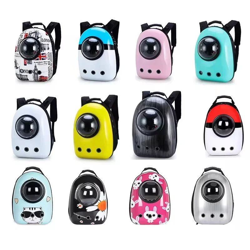 Collection of small, colorful backpacks with a camera lens style design on the front, each featuring different patterns and colors.