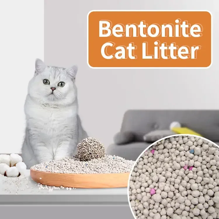 A container of Bentonite cat litter with a gray and white cat sitting nearby. The image highlights the texture and small colorful clumps within the cat litter.