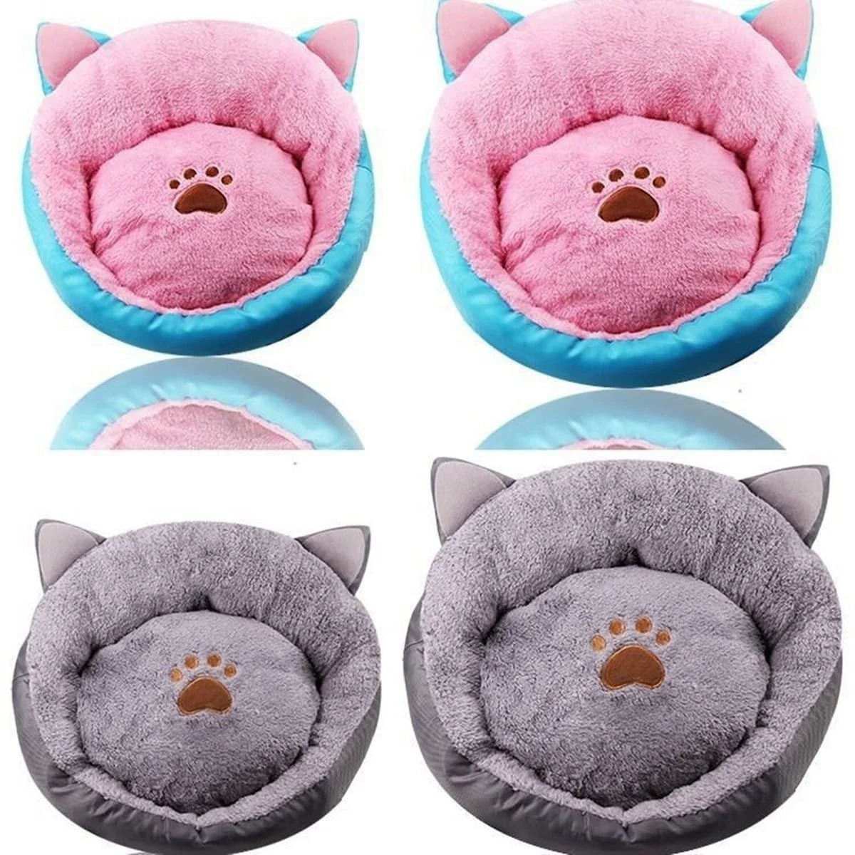 Four pet beds resembling animal faces, two pink with cat ears and paw print, two gray with cat ears and paw print, arranged in a 2x2 grid.
