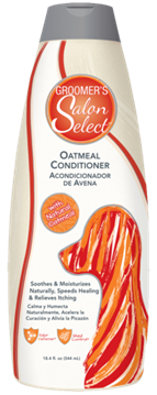 Bottle of Groomer's Salon Select oatmeal conditioner with orange and white swirl design
