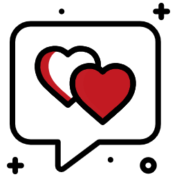 A speech bubble with two overlapping hearts, one white and one red.