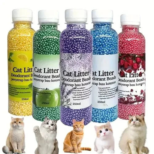 Row of colorful cat litter deodorizer beads bottles in yellow, green, purple, blue, and pink with images of cats at the bottom.