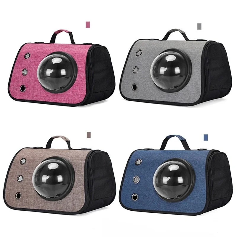 Four color portable speaker bags in pink, gray, beige, and blue with a large central speaker and smaller controls.