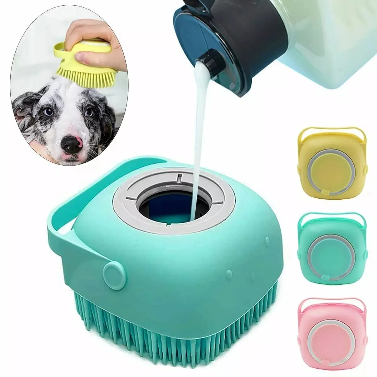 A pet automatic vacuum cleaner in turquoise, with a container for cleaning solution, shown pouring solution into the device. Three additional color options—yellow, green, and pink—are displayed with circular power buttons.