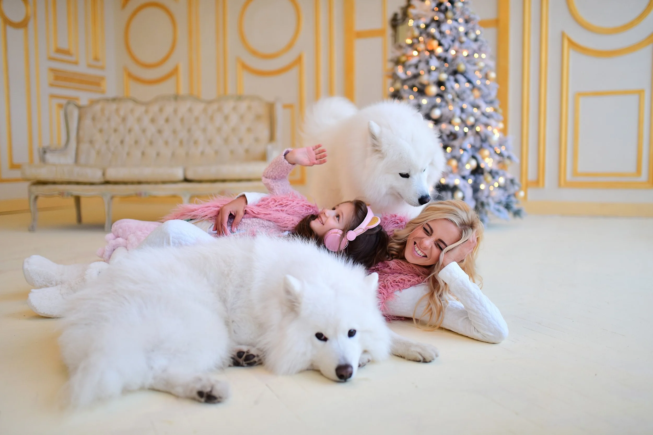 A woman and a girl lying on the floor with two large white Samoyed dogs and a decorated Christmas tree in the background.