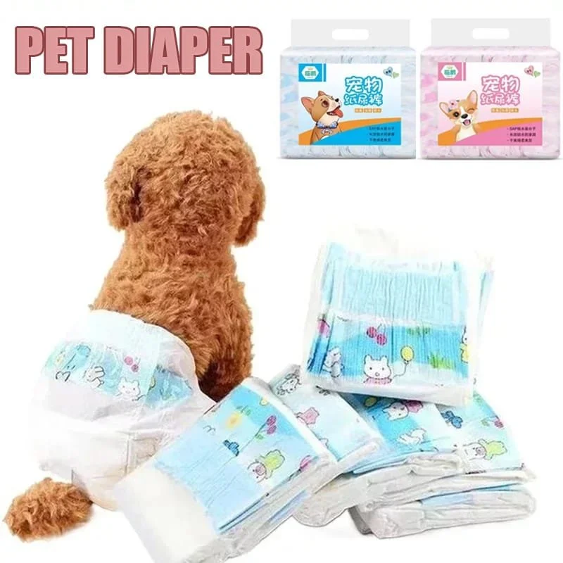 A brown curly-haired dog wearing a pet diaper, with additional packs of pet diapers featuring cartoon animals and colorful designs, displayed against a white background with the words "PET DIAPER" in large pink letters.