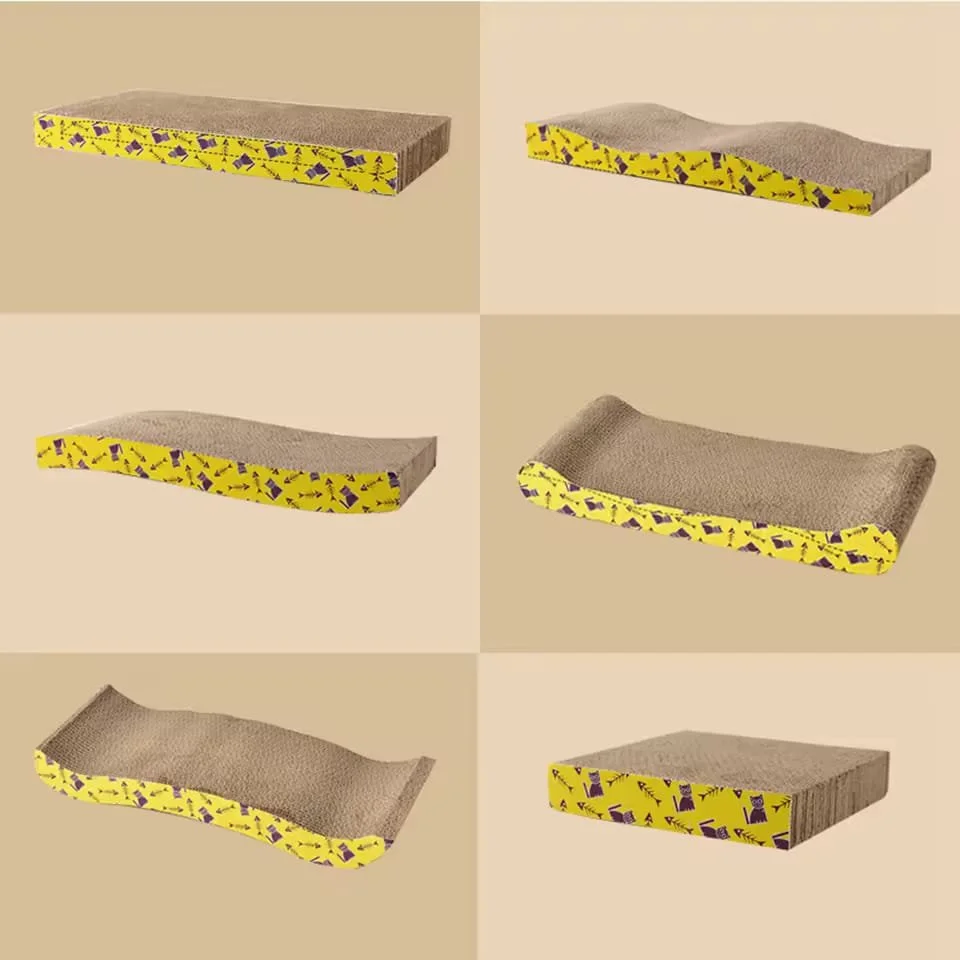 Six different angled images of a cardboard cat scratcher with a textured surface on top and a yellow patterned border featuring purple and black shapes.