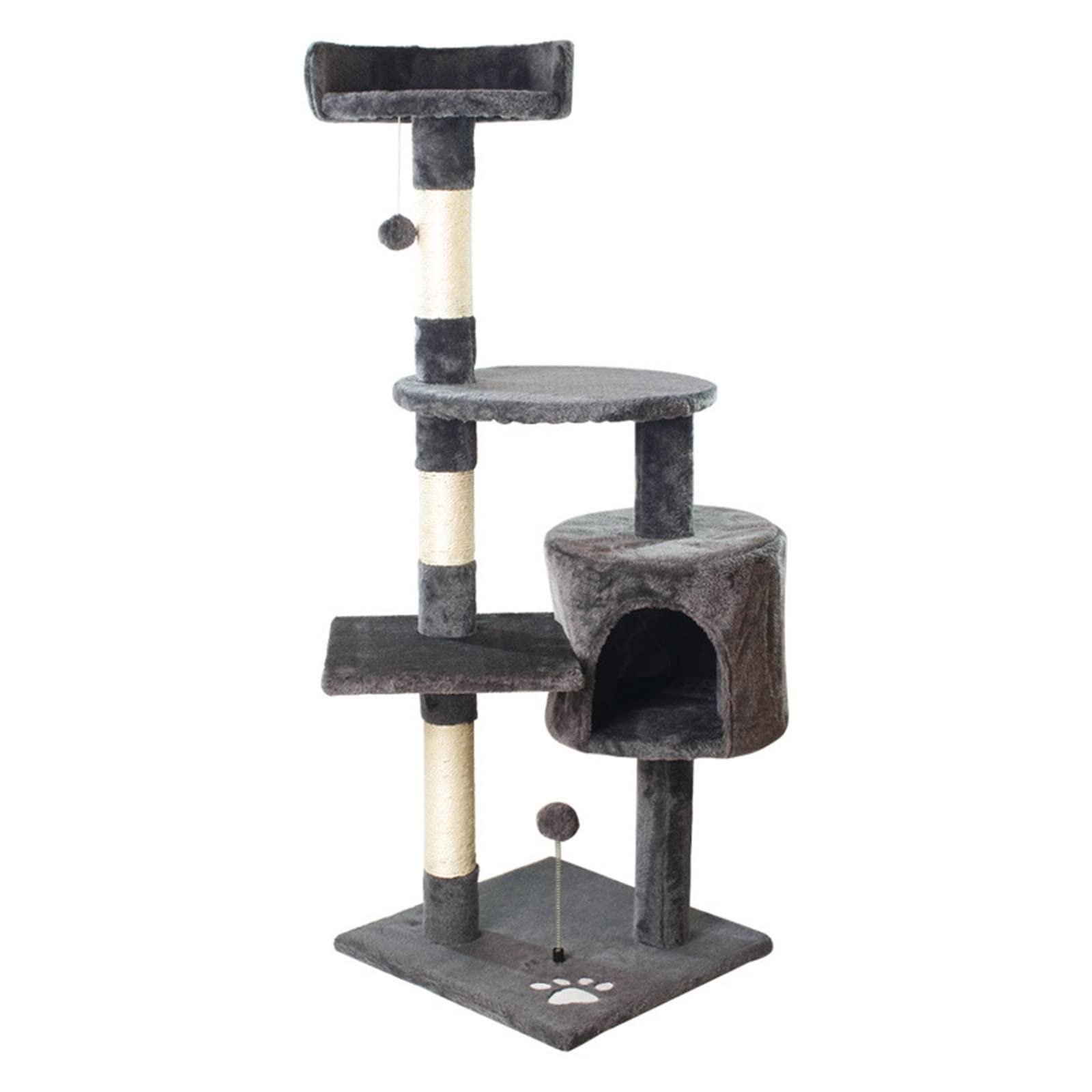 Gray and beige multi-level cat tree with platforms, a cozy enclosed space, hanging toys, and a paw print detail on the base.