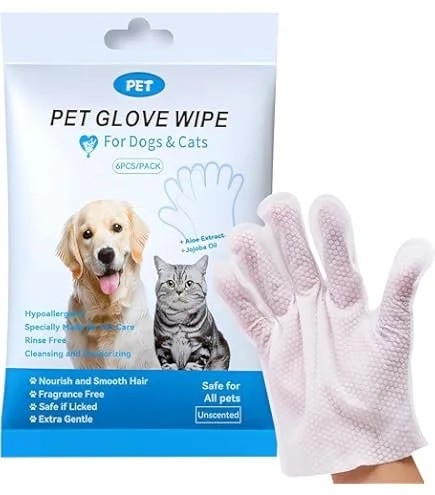 Pet glove wipe package with gloves, dog and cat images, and a hand wearing a white glove.