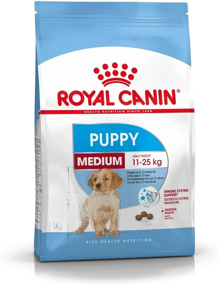 A bag of Royal Canin puppy dog food for medium-sized puppies weighing 11-25 kg.