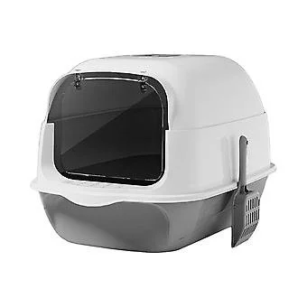 A white and gray covered litter box with a scoop attached on the side and a dark tinted entrance.