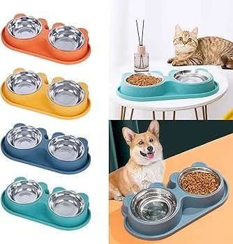 Colorful pet bowls in orange, yellow, blue, and teal, some filled with pet food, placed on tables, with a cat and a dog nearby.